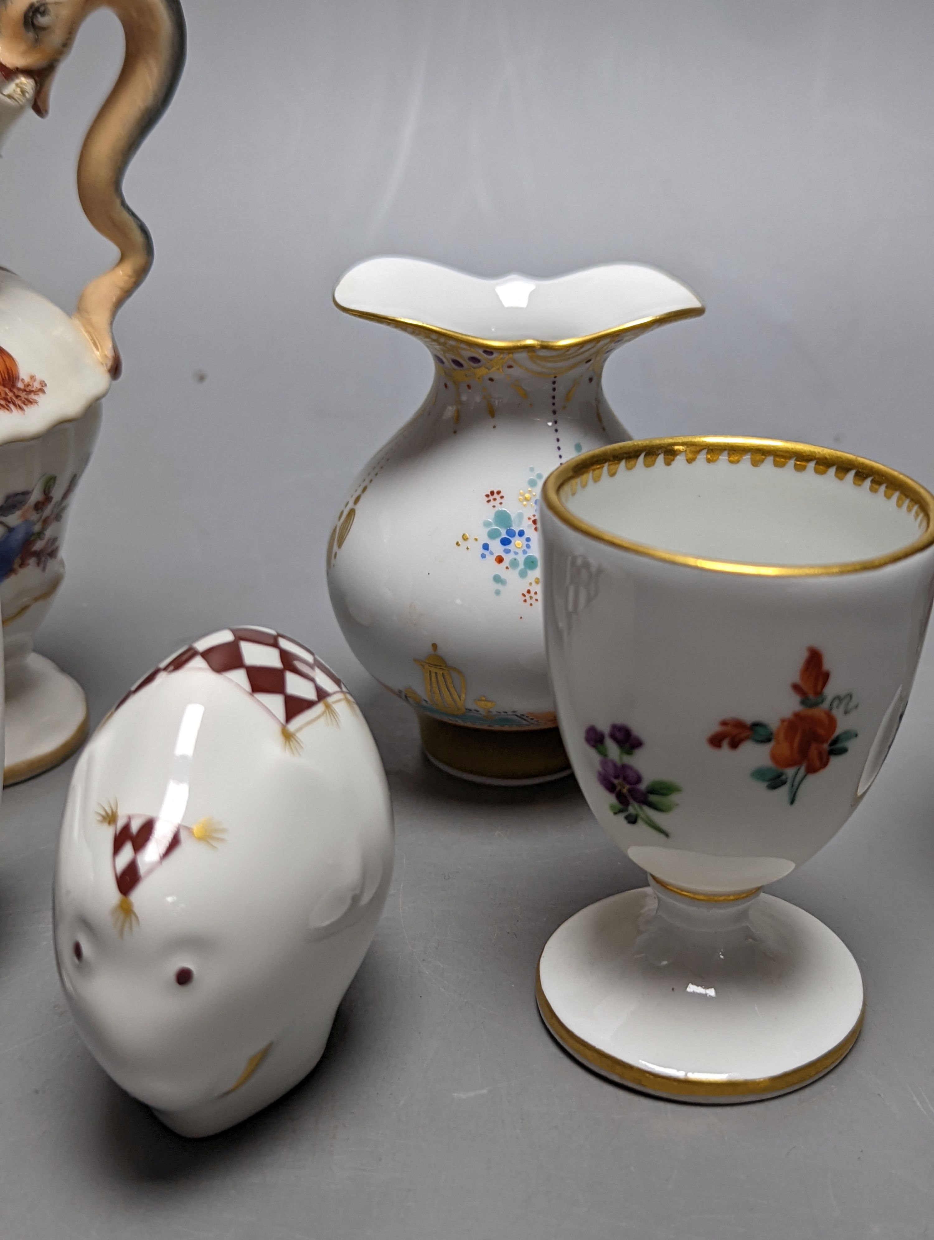 A group of seven small Meissen ornaments, two-handled vase 12cm.